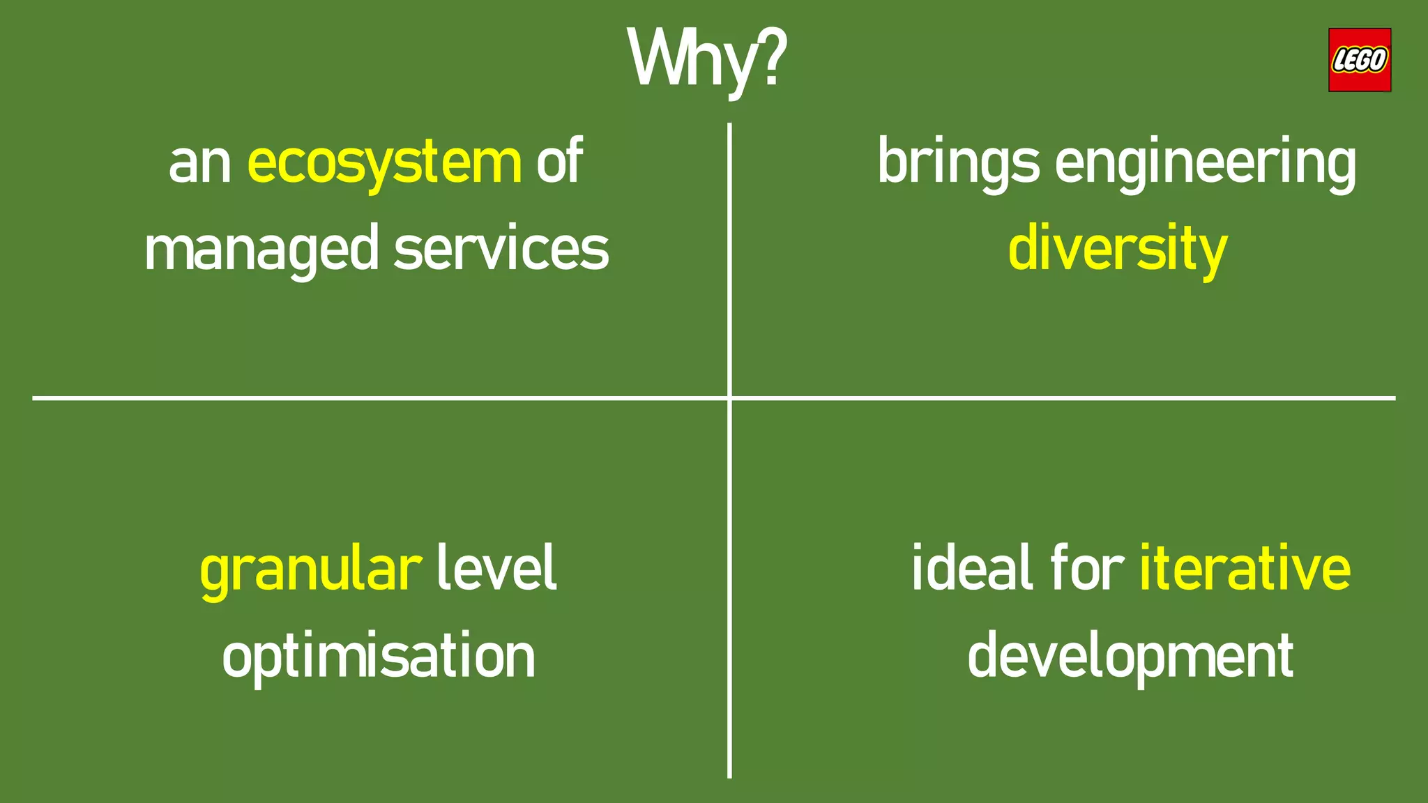 an ecosystem of
managed services
granular level
optimisation
ideal for iterative
development
brings engineering
diversity
Why?
 