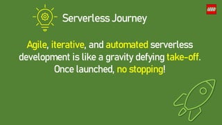 Agile, iterative, and automated serverless
development is like a gravity defying take-off.
Once launched, no stopping!
Serverless Journey
 