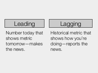 Leading               Lagging
Number today that   Historical metric that
shows metric        shows how you’re
tomorrow—mak...