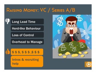 Raising Money: VC / Series A/B

  Long Lead Time
  Herd-like Behaviour
  Loss of Control

  Overhead to Manage


  $ $ $, $ $ $ ,$ $ $

  Intros & recruiting
  help
 
