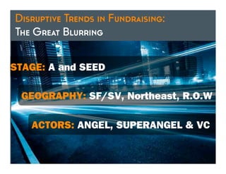 Disruptive Trends in Fundraising:
The Great Blurring


STAGE: A and SEED

 GEOGRAPHY: SF/SV, Northeast, R.O.W

   ACTORS: ANGEL, SUPERANGEL & VC
 