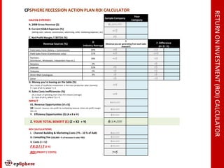 CPSPHERE RECESSION ACTION PLAN ROI CALCULATOR




                                                                                                                                                         RETURN ON INVESTMENT (ROI) CALCULATOR
                                                                                                                      Your
                                                                                         Sample Company
 SALES & EXPENSES                                                                                                   Company
 A. 2008 Gross Revenue ($)                                                                 $1,200,000
 B. Current SG&A Expenses (%)
                                                                                                30%
    (Selling costs: salaries, commissions, advertising, other marketing expenses, etc)

 C. Net Profit Margin / EBITDA (%)                                                               8%
                                                                       D                                     E
                 Revenue Sources (%)                                                     (Revenue you are generating from each sales     F. Difference
                                                               Industry Average                          channel?)                          (F= D - E)
  Field Sales Force (Salary + Commission)                               29%                     18%                                     11%
  Field Sales Force (Commission only)                                   11%                     31%                                    -20%
  Partners                                                              39%                     41%                                    -2%
  (Distributors, Wholesalers, Independent Reps etc.)
  Retailers                                                              2%                                                            2%
  Internet                                                              12%                      5%                                    7%
  Telesales                                                              5%                      1%                                    4%
  Direct Mail Catalogues                                                 2%                      1%                                    1%
  Other                                                                                          3%                                    -3%
 G. Money you're leaving on the table (%)
  (As a result of insufficient investment in the most productive sales channels)                25%
  P = Sum of all Fs, where F > 0
 H. Sales Costs Inefficiencies (%)
    (As a result of spending more than the industry average)                                    25%
    Q = Sum of all Fs, where F is < 0
 IMPACT                                                                                      $300,000
  X1. Revenue Opportunities (A x G)
  X2. Convert revenue into profit by multiplying revenue times net profit margin              $24,000
  (X1 x C)
  Y. Efficiency Opportunities ($) (A x B x H )                                                $90,000

  Z. YOUR TOTAL BENEFIT ($) (Z = X2 + Y)                                                   $114,000

 ROI CALCULATIONS
  I. Channel Building & Marketing Costs (7% - 10 % of AxB)                                    $36,000
  U. Consulting Fee ($30,000 + % of increase in sales TBD)                                    $30,000

  V. Costs (I + U)                                                                            $66,000

  P R O F I T (Z-V)                                                                           $48,000

  ROI (PROFIT / COSTS)                                                                          73%
 