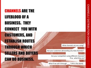 CHANNELS / DISTRIBUTION CHANNELS
CHANNELS ARE THE
LIFEBLOOD OF A
BUSINESS. THEY
CONNECT YOU WITH
CUSTOMERS, AND
ESTABLISH ROUTES
THROUGH WHICH
                                          What channels are you using?


                     Are your customers demanding any new channels?
SELLERS AND BUYERS        Are your competitors using different channels?

CAN DO BUSINESS.
                                                   If so, what they are?


                      What if we sell it through ___ ? (fill in the blank)
 