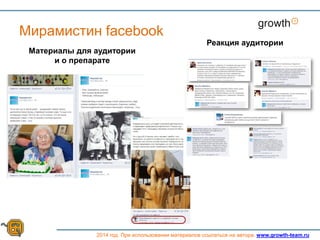 Growth
2014 год. При использовании материалов ссылаться на автора. www.growth-team.ru
Мирамистин facebook
Материалы для аудитории
и о препарате
Реакция аудитории
 