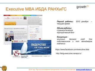 Growth
2014 год. При использовании материалов ссылаться на автора. www.growth-team.ru
Executive MBA ИБДА РАНХиГС
Период работы: 2010 декабря –
текущее время
Объем работы:
страница facebook
корпоративный блог
Концепция :
элитный деловой клуб для
собственников и топ менеджеров
компаний
https://www.facebook.com/executive.ibda
http://blog-executive.ranepa.ru/
 