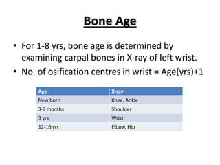 Bone Age
• For 1-8 yrs, bone age is determined by
examining carpal bones in X-ray of left wrist.
• No. of osification centres in wrist = Age(yrs)+1
Age X-ray
New born Knee, Ankle
3-9 months Shoulder
3 yrs Wrist
12-16 yrs Elbow, Hip
 