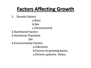 Factors Affecting Growth
1. Genetic factors
a.Race
b.Sex
c.Chromosomal
2.Nutritional Factors
3.Hormonal-Thyroxine
GH
4.Environmental Factors
a.Infections
b.Trauma to growing bones
c.Chronic systemic illness
 