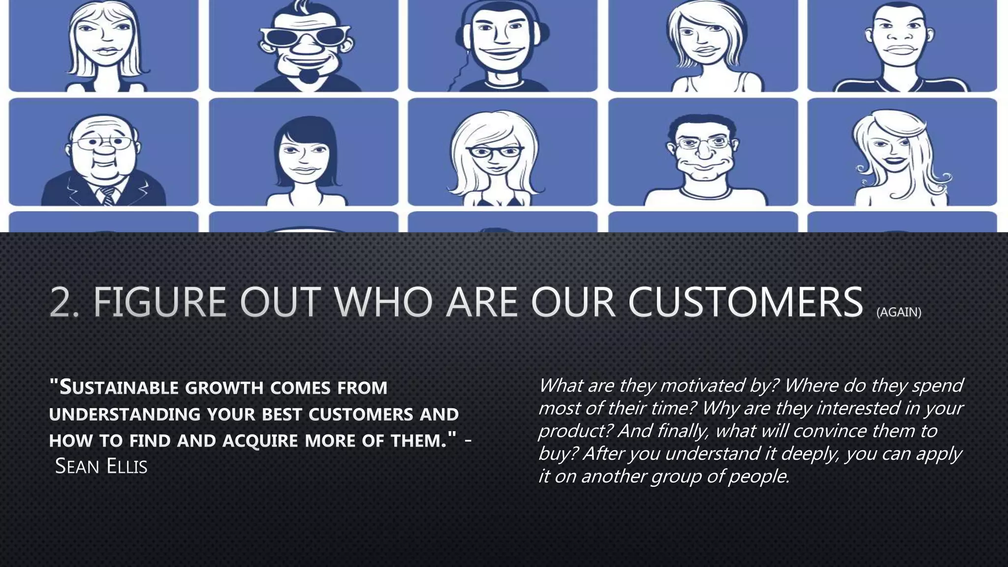 What are they motivated by? Where do they spend
most of their time? Why are they interested in your
product? And finally, what will convince them to
buy? After you understand it deeply, you can apply
it on another group of people.
 