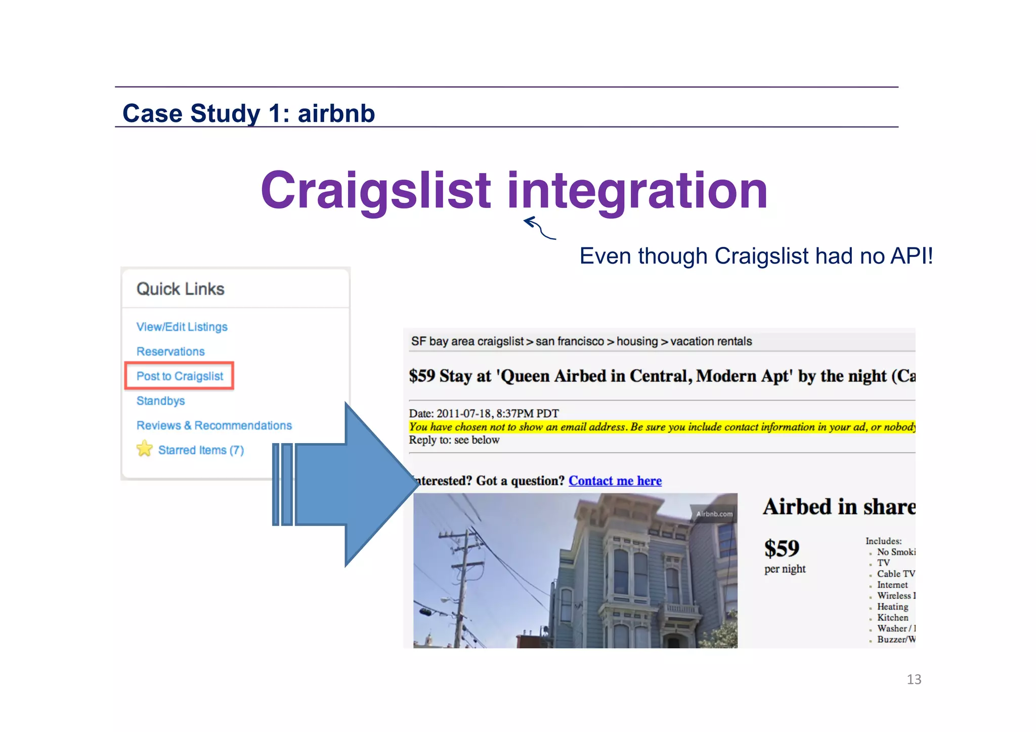 Case Study 1: airbnb

Craigslist integration!
Even though Craigslist had no API!

13	
  

 