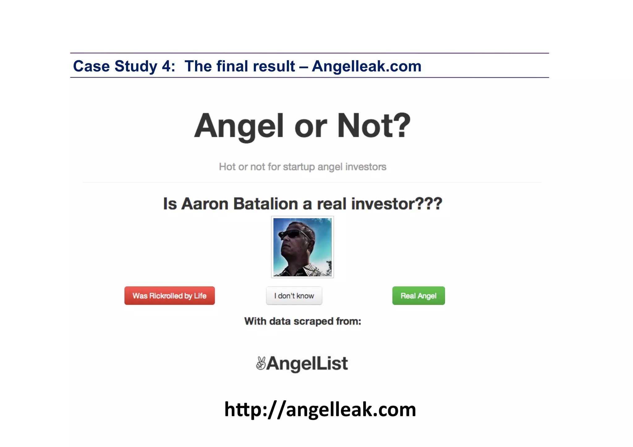 Case Study 4: The final result – Angelleak.com

h"p://angelleak.com	
  

 