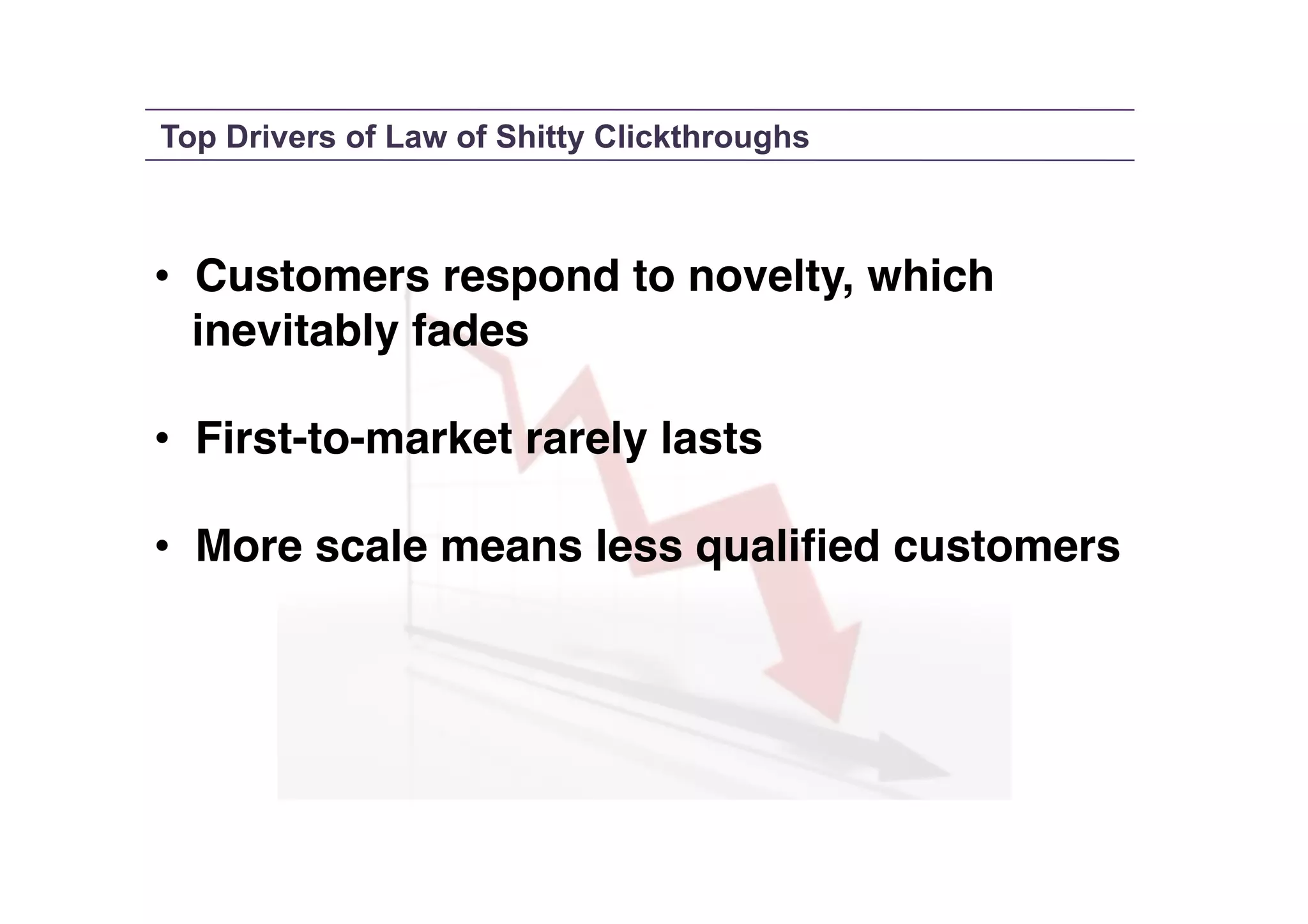 Top Drivers of Law of Shitty Clickthroughs

•  Customers respond to novelty, which !
inevitably fades!
•  First-to-market rarely lasts!
•  More scale means less qualiﬁed customers!

 