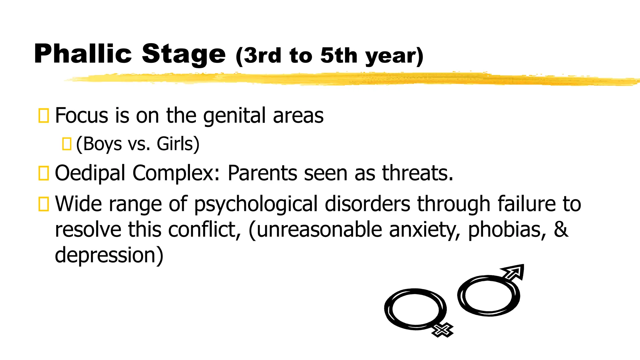 Phallic Stage (3rd to 5th year)
Focus is on the genital areas
(Boys vs. Girls)
Oedipal Complex: Parents seen as threats.
Wide range of psychological disorders through failure to
resolve this conflict, (unreasonable anxiety, phobias, &
depression)
 