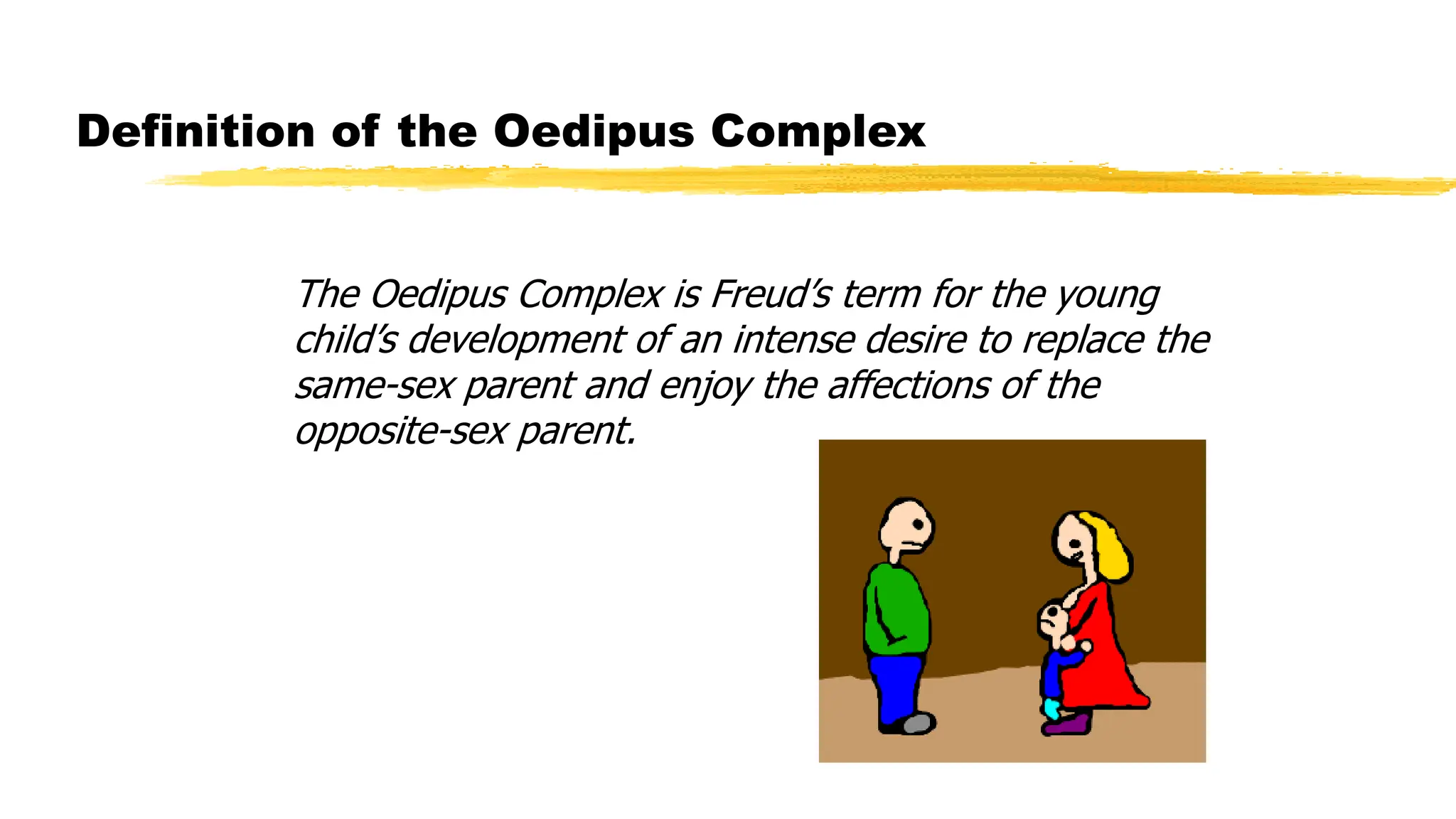 The Oedipus Complex is Freud’s term for the young
child’s development of an intense desire to replace the
same-sex parent and enjoy the affections of the
opposite-sex parent.
Definition of the Oedipus Complex
 