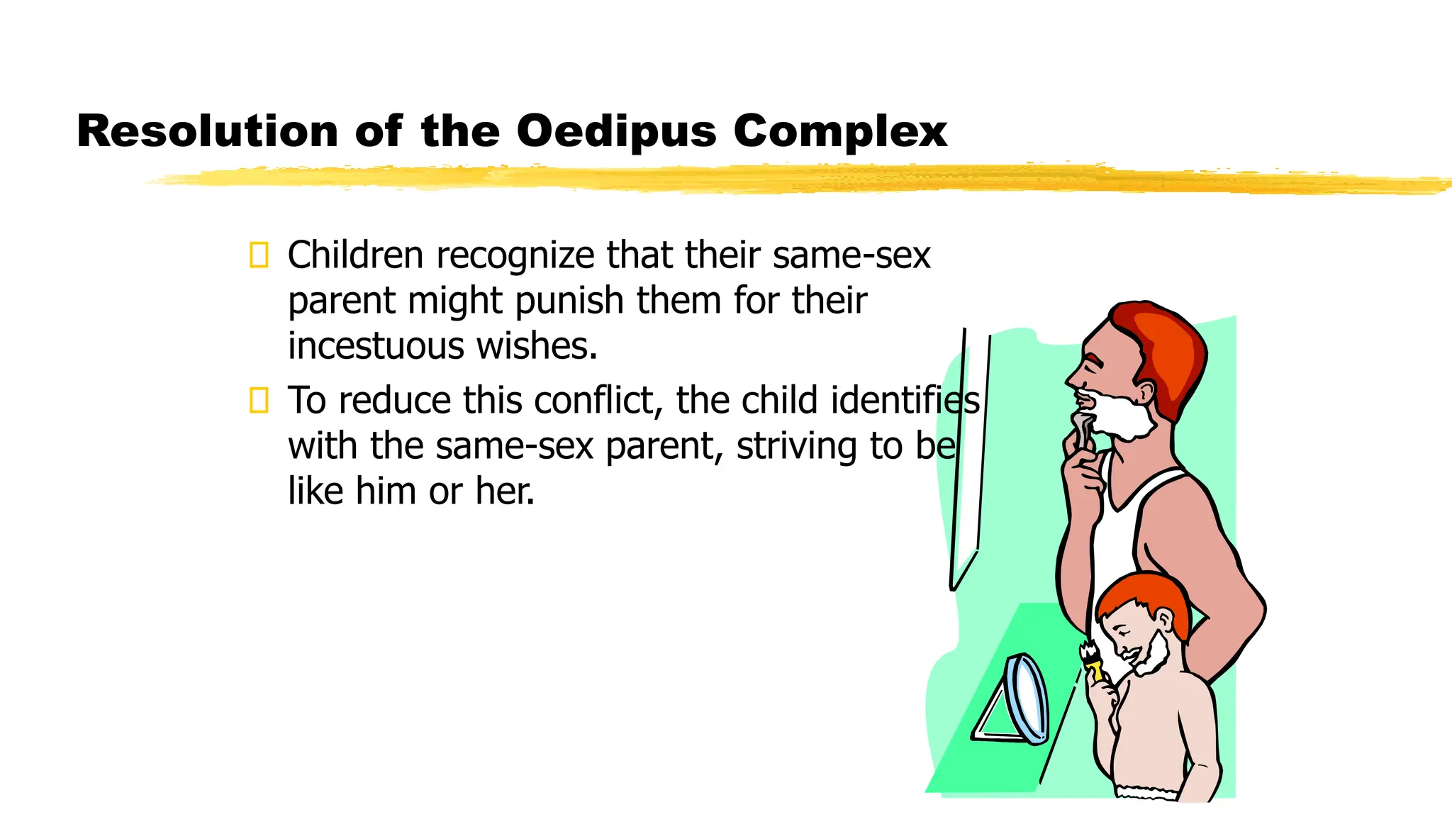 Children recognize that their same-sex
parent might punish them for their
incestuous wishes.
To reduce this conflict, the child identifies
with the same-sex parent, striving to be
like him or her.
Resolution of the Oedipus Complex
 