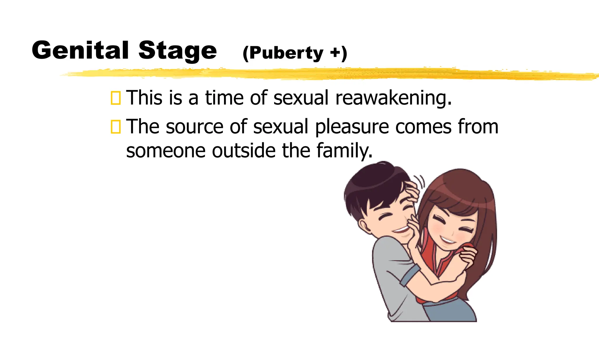 This is a time of sexual reawakening.
The source of sexual pleasure comes from
someone outside the family.
Genital Stage (Puberty +)
 