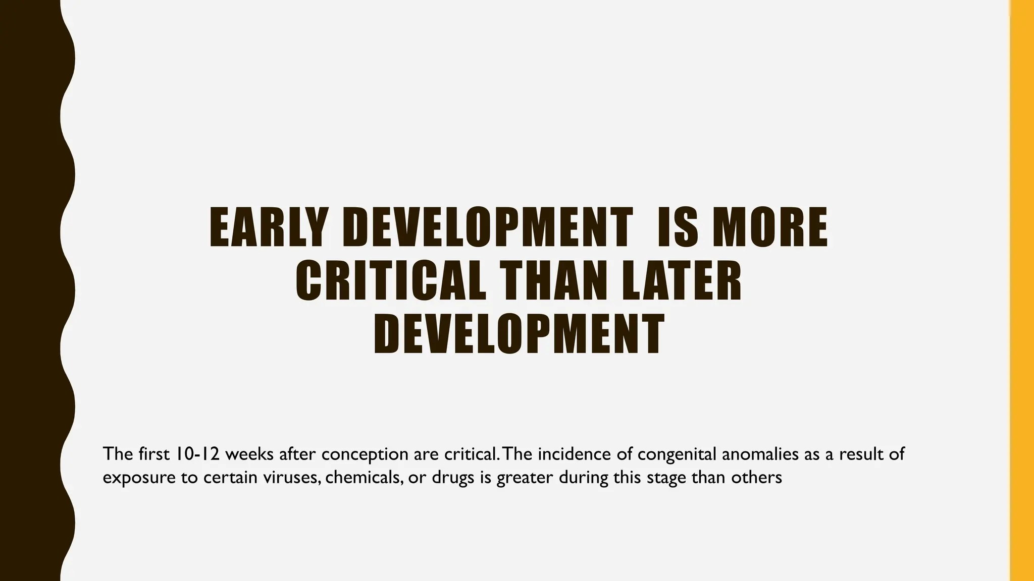 EARLY DEVELOPMENT IS MORE
CRITICAL THAN LATER
DEVELOPMENT
The first 10-12 weeks after conception are critical.The incidence of congenital anomalies as a result of
exposure to certain viruses, chemicals, or drugs is greater during this stage than others
 