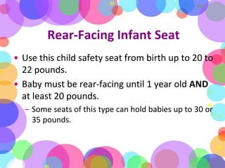 Rear-Facing Infant Seat<br />Use this child safety seat from birth up to 20 to 22 pounds. <br />Baby must be rear-facing u...