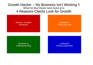 Growth Hacker – My Business Isn't Working !!
What the Blue Oyster team looks at to
4 Reasons Clients Look for Growth
Serious, Complex
Headache
Business is
Flying Too Fast
Looking for
Serious Expansion
Business is
Underperforming
 