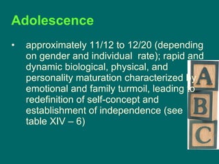 Adolescence  approximately 11/12 to 12/20 (depending on gender and individual  rate); rapid and dynamic biological, physical, and personality maturation characterized by emotional and family turmoil, leading to redefinition of self-concept and establishment of independence (see table XIV – 6) 