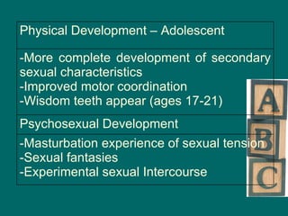 Masturbation experience of sexual tension Sexual fantasies Experimental sexual Intercourse Psychosexual Development More complete development of secondary sexual characteristics Improved motor coordination Wisdom teeth appear (ages 17-21) Physical Development – Adolescent 