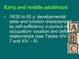 Early and middle adulthood  18/20 to 65 y; developmental state and function characterized by self-sufficiency in pursuit of occupation/ vocation and defined relationships (see Tables XIV – 7 and XIV – 8) 