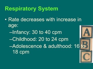 Respiratory System Rate decreases with increase in age: Infancy: 30 to 40 cpm Childhood: 20 to 24 cpm Adolescence & adulthood: 16 to 18 cpm 