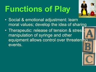 Social & emotional adjustment: learn moral values; develop the idea of sharing Therapeutic: release of tension & stress; manipulation of syringe and other equipment allows control over threatening events. Functions of Play 