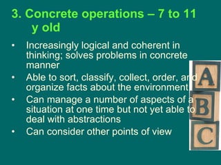 3. Concrete operations – 7 to 11 y old Increasingly logical and coherent in thinking; solves problems in concrete manner Able to sort, classify, collect, order, and organize facts about the environment Can manage a number of aspects of a situation at one time but not yet able to deal with abstractions Can consider other points of view 