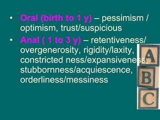 Oral (birth to 1 y)  – pessimism / optimism, trust/suspicious Anal ( 1 to 3 y)  – retentiveness/ overgenerosity, rigidity/laxity, constricted ness/expansiveness, stubbornness/acquiescence, orderliness/messiness 