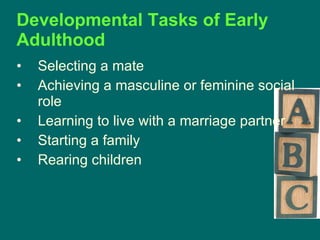 Developmental Tasks of Early Adulthood Selecting a mate  Achieving a masculine or feminine social role  Learning to live with a marriage partner  Starting a family  Rearing children  