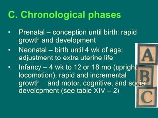 C. Chronological phases Prenatal – conception until birth: rapid growth and development Neonatal – birth until 4 wk of age: adjustment to extra uterine life Infancy – 4 wk to 12 or 18 mo (upright locomotion); rapid and incremental growth  and motor, cognitive, and social development (see table XIV – 2) 
