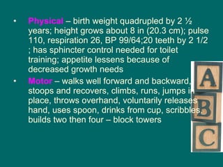 Physical   – birth weight quadrupled by 2 ½ years; height grows about 8 in (20.3 cm); pulse 110, respiration 26, BP 99/64;20 teeth by 2 1/2 ; has sphincter control needed for toilet training; appetite lessens because of decreased growth needs Motor  – walks well forward and backward, stoops and recovers, climbs, runs, jumps in place, throws overhand, voluntarily releases hand, uses spoon, drinks from cup, scribbles, builds two then four – block towers 