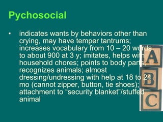 Pychosocial  indicates wants by behaviors other than crying, may have temper tantrums; increases vocabulary from 10 – 20 words to about 900 at 3 y; imitates, helps with household chores; points to body parts, recognizes animals; almost dressing/undressing with help at 18 to 24 mo (cannot zipper, button, tie shoes); attachment to “security blanket”/stuffed animal 