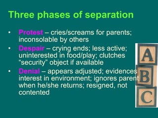 Three phases of separation Protest  – cries/screams for parents; inconsolable by others Despair  – crying ends; less active; uninterested in food/play; clutches “security” object if available Denial  – appears adjusted; evidences interest in environment; ignores parent when he/she returns; resigned, not contented 