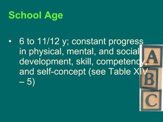 School Age  6 to 11/12 y; constant progress in physical, mental, and social development, skill, competency, and self-concept (see Table XIV – 5) 