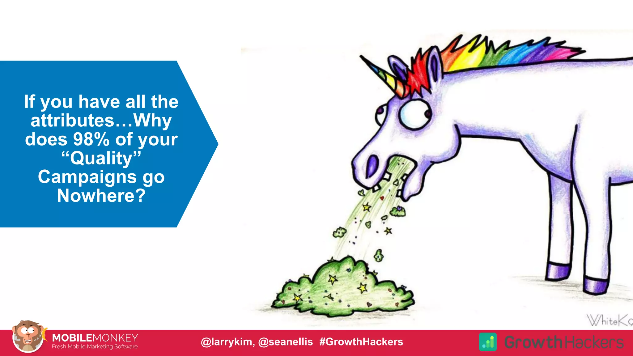 #CMCa2z @larrykim
If Your Content is
So Great Why is it
Going Nowhere?
If you have all the
attributes…Why
does 98% of your
“Quality”
Campaigns go
Nowhere?
@larrykim, @seanellis #GrowthHackers
 