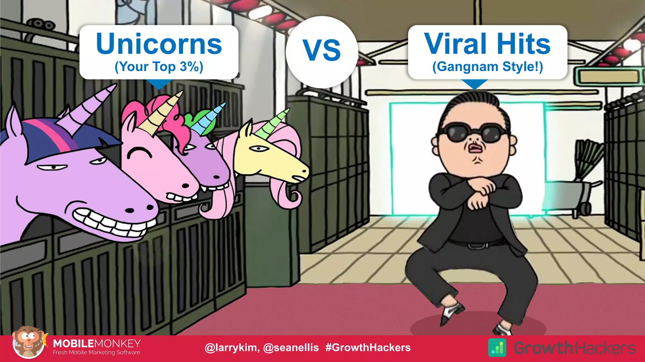 #CMCa2z @larrykim
Unicorns
(Your Top 3%)
Viral Hits
(Gangnam Style!)
VS
@larrykim, @seanellis #GrowthHackers
 