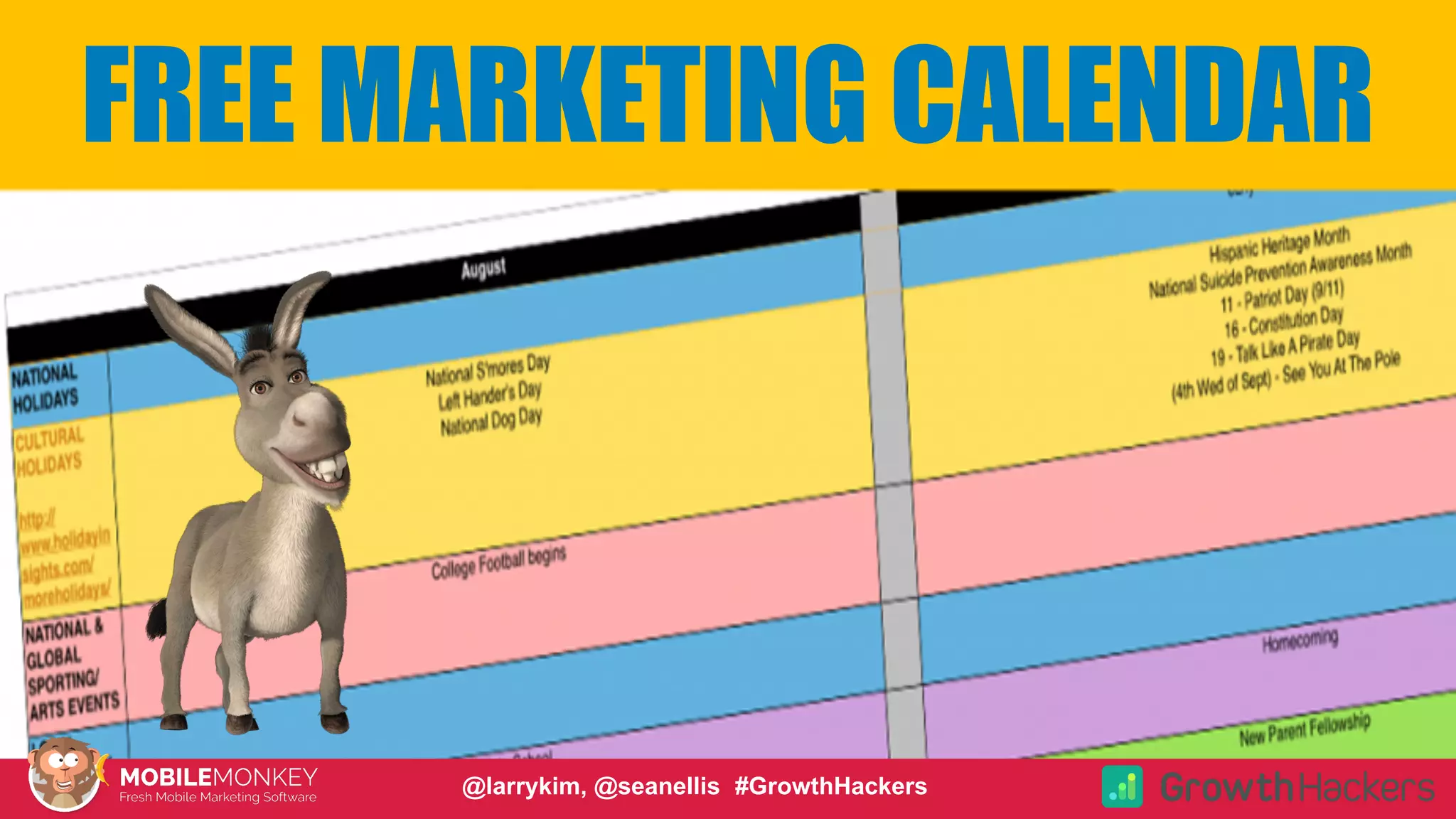 #CMCa2z @larrykim
FREE MARKETING CALENDAR
@larrykim, @seanellis #GrowthHackers
 
