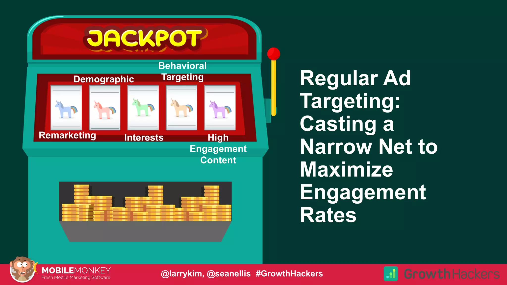 #CMCa2z @larrykim
Regular Ad
Targeting:
Casting a
Narrow Net to
Maximize
Engagement
Rates
Remarketing
Demographic
Interests
Behavioral
Targeting
High
Engagement
Content
@larrykim, @seanellis #GrowthHackers
 