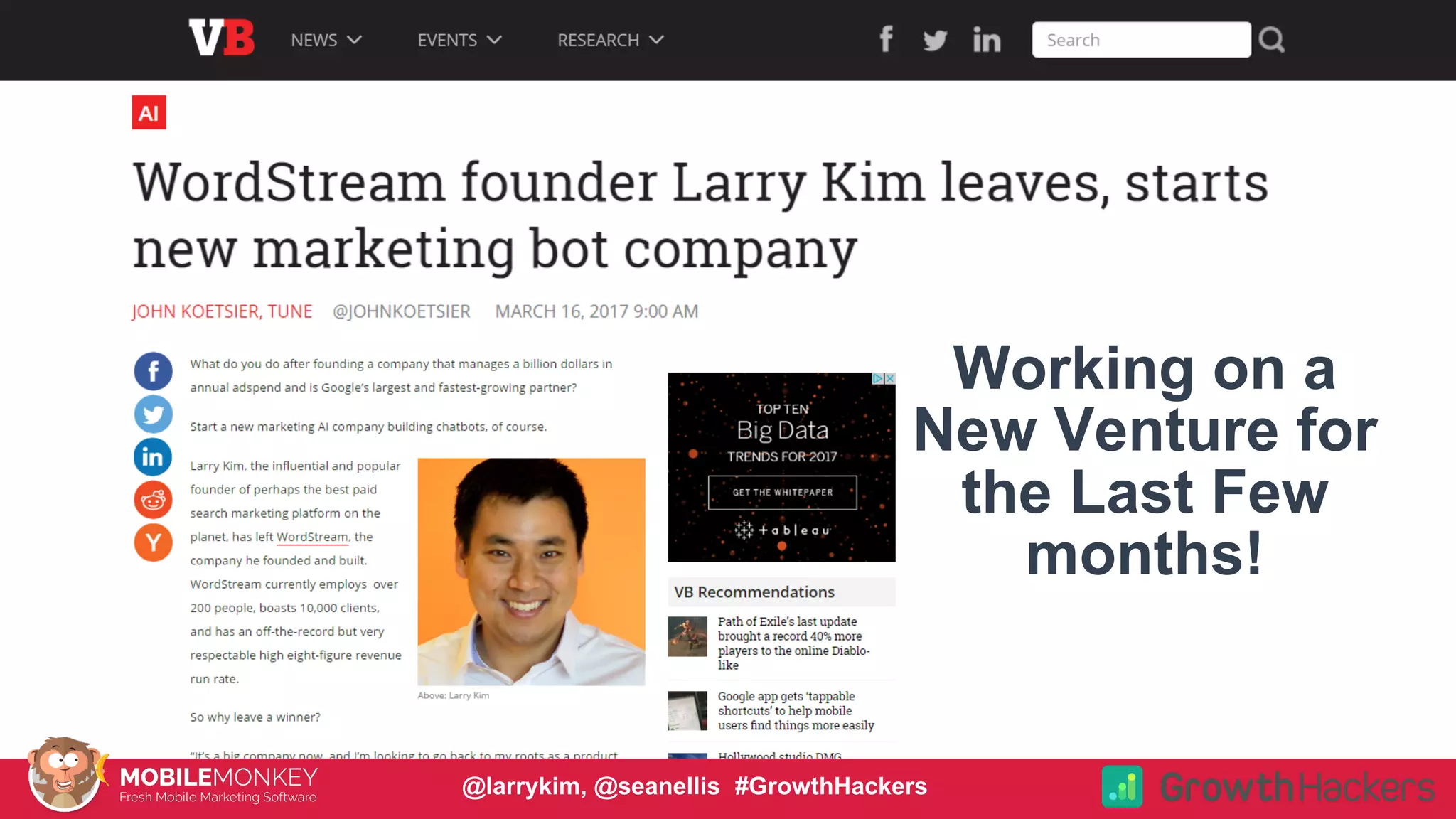 Working on a
New Venture for
the Last Few
months!
@larrykim, @seanellis #GrowthHackers
 