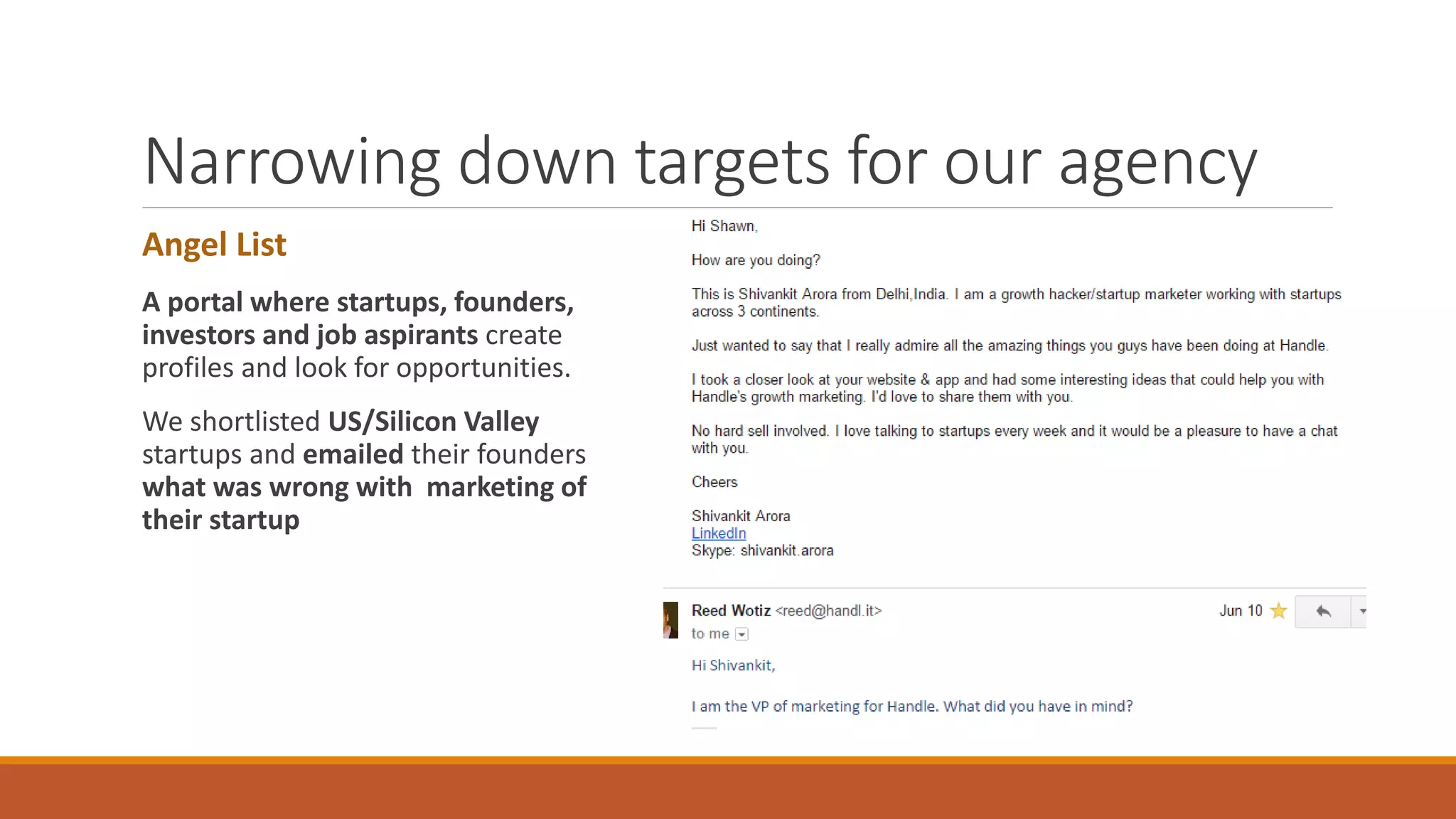 Narrowing down targets for our agency
Angel List
A portal where startups, founders,
investors and job aspirants create
profiles and look for opportunities.
We shortlisted US/Silicon Valley
startups and emailed their founders
what was wrong with marketing of
their startup
 