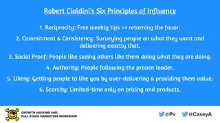 Robert Cialdini's Six Principles of Influence
1. Reciprocity: Free weekly tips => returning the favor.
2. Commitment & Consistency: Surveying people on what they want and
delivering exactly that.
3. Social Proof: People like seeing others like them doing what they are doing.
4. Authority: People following the proven leader.
5. Liking: Getting people to like you by over-delivering & providing them value.
6. Scarcity: Limited-time only on pricing and products.
 