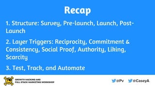 Recap
1. Structure: Survey, Pre-launch, Launch, Post-
Launch
2. Layer Triggers: Reciprocity, Commitment &
Consistency, Soc...