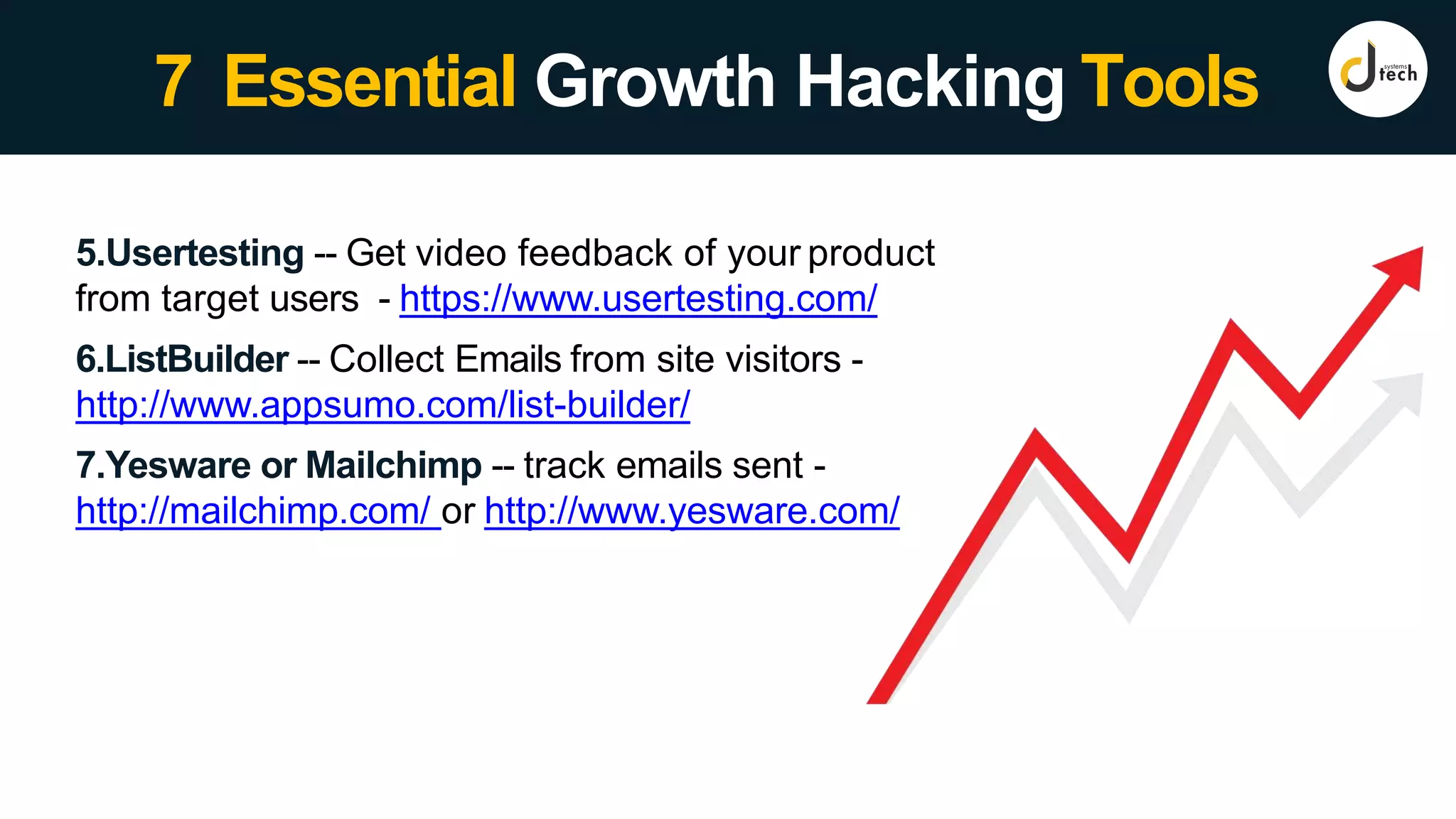 7 Essential Growth Hacking Tools
5.Usertesting -- Get video feedback of your product
from target users - https://www.usertesting.com/
6.ListBuilder -- Collect Emails from site visitors -
http://www.appsumo.com/list-builder/
7.Yesware or Mailchimp -- track emails sent -
http://mailchimp.com/ or http://www.yesware.com/
 