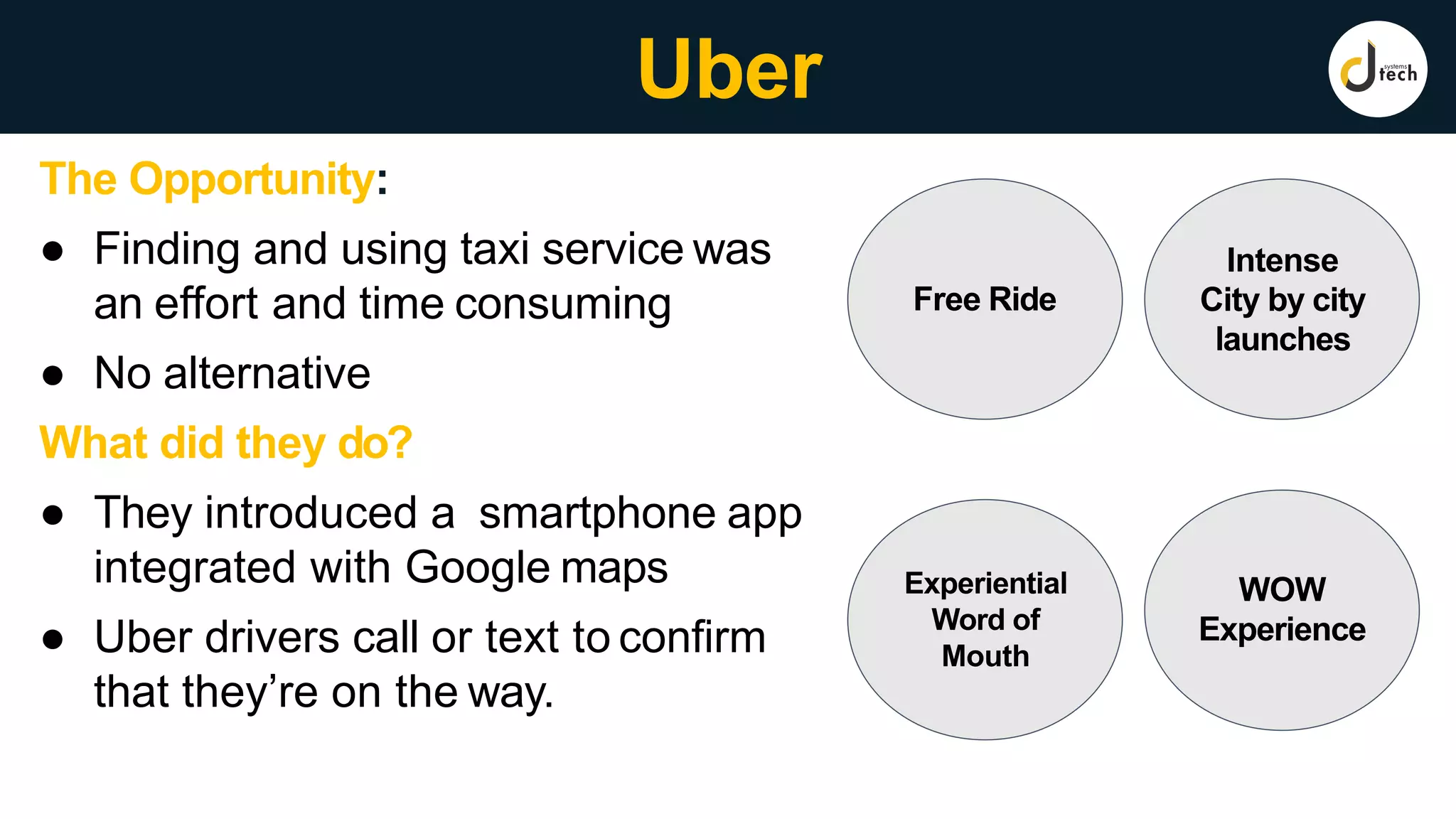 Uber
The Opportunity:
● Finding and using taxi service was
an effort and time consuming
● No alternative
What did they do?
● They introduced a smartphone app
integrated with Google maps
● Uber drivers call or text to confirm
that they’re on the way.
Free Ride
Intense
City by city
launches
Experiential
Word of
Mouth
WOW
Experience
 