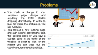 Problems
● You made a change to your
website’s page design and
suddenly the traffic started
dropping dramatically. In order to
look for where the problem is, you
use Analytics.
● You roll-out a new landing page
and start seeing conversions from
this specific page or you saw a
sudden spike in the traffic of the
website. In order to look for the
reason you can trace out the
specific source through analytics.
 