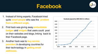 Facebook
1. Instead of hiring experts, Facebook hired
quite smart people who saw the problem
from a different angle.
2. First hack was giving away embeddable
badges and widgets that users could post
on their websites and blogs,linking back to
their Facebook page.
3. Another hack was to buy service
providers in developing countries for
their technaology in getting email
addresses.
 