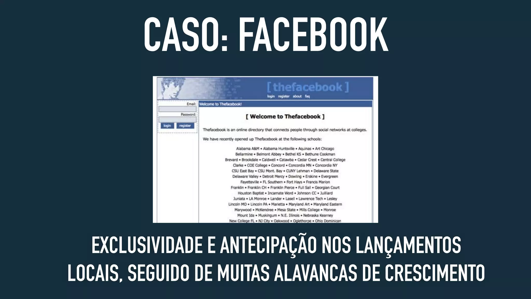 CASO: FACEBOOK
EXCLUSIVIDADE E ANTECIPAÇÃO NOS LANÇAMENTOS
LOCAIS, SEGUIDO DE MUITAS ALAVANCAS DE CRESCIMENTO
 