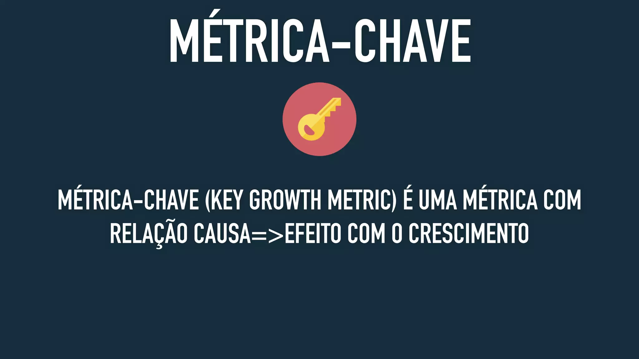 MÉTRICA-CHAVE
MÉTRICA-CHAVE (KEY GROWTH METRIC) É UMA MÉTRICA COM
RELAÇÃO CAUSA=>EFEITO COM O CRESCIMENTO
 