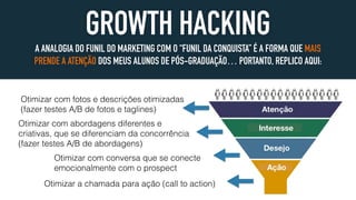 GROWTH HACKING
A ANALOGIA DO FUNIL DO MARKETING COM O “FUNIL DA CONQUISTA” É A FORMA QUE MAIS
PRENDE A ATENÇÃO DOS MEUS ALUNOS DE PÓS-GRADUAÇÃO… PORTANTO, REPLICO AQUI:
Otimizar com fotos e descrições otimizadas
(fazer testes A/B de fotos e taglines)
Otimizar com abordagens diferentes e
criativas, que se diferenciam da concorrência
(fazer testes A/B de abordagens)
Otimizar com conversa que se conecte
emocionalmente com o prospect
Otimizar a chamada para ação (call to action)
 